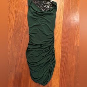 Express ruched midi cocktail dress, lace detail in back, dark green cocktail XS